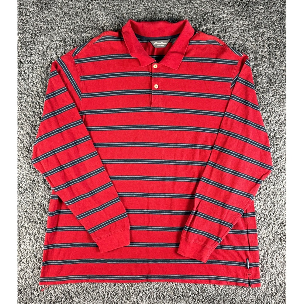 Eddie Bauer Mens XXL Red Navy Blue Striped Long Sleeve Cotton Polo Shirt
